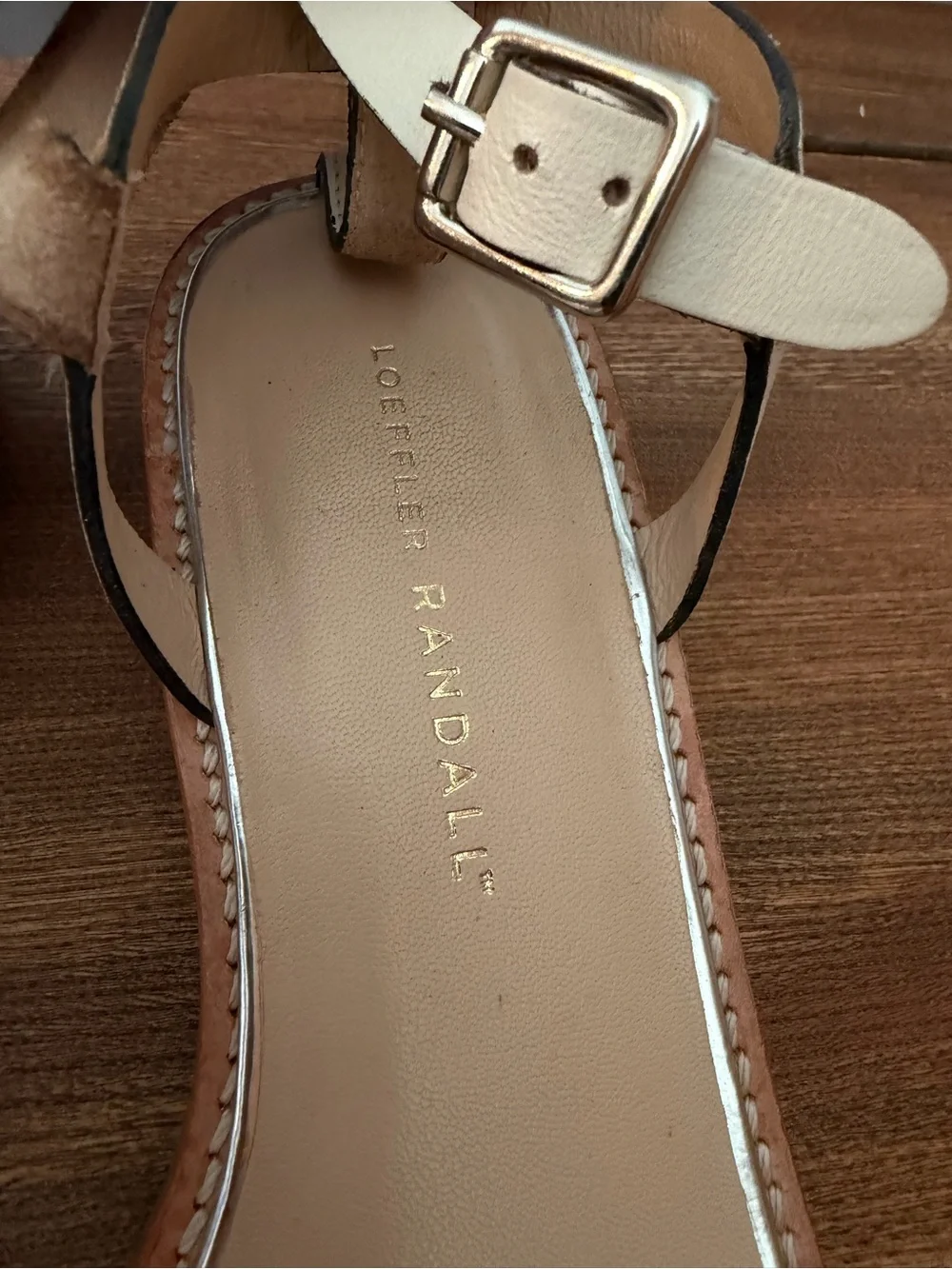 Loeffler Randall Cream Leather Double Strap Low Heel Sandals Sz 8 Quiet Luxury